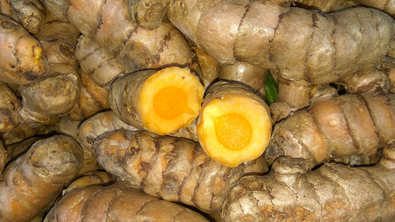 Raw turmeric rhizomes, one cut open (representative photo)